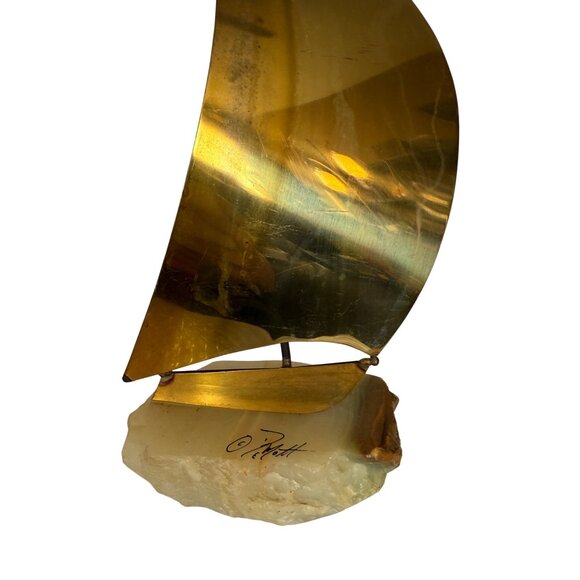 VTG John Demott Signed Mid Century Brass Sailboat Sculpture Onyx Quartz - Picture 3 of 8